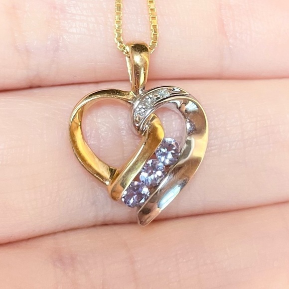 Jewelry - 10k Tanzanite Diamond cluster heart solid yellow white gold purple blue …